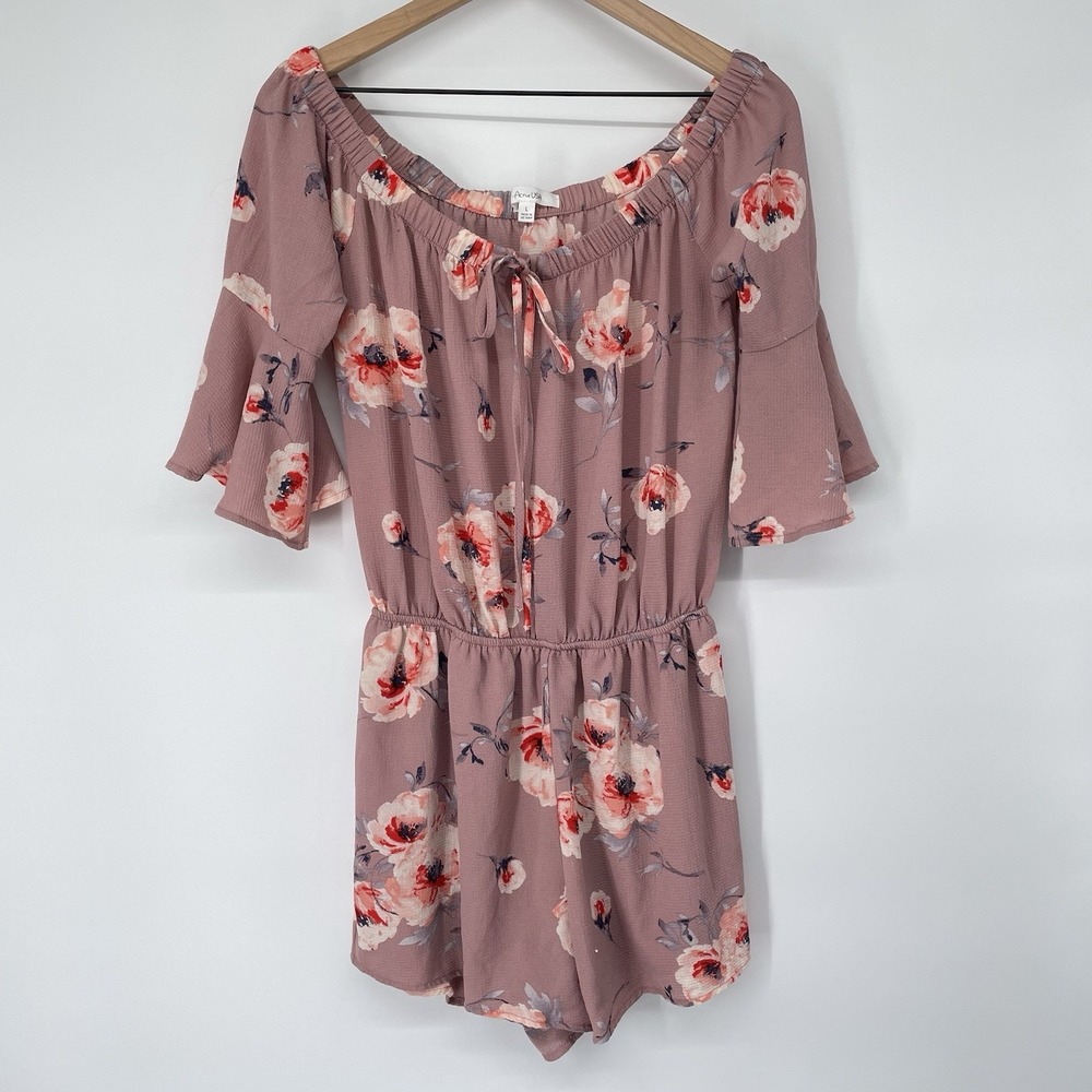 Babydoll Romper Pink Floral Large Off The Shoulder Bell Sleeve Bardot Neckline